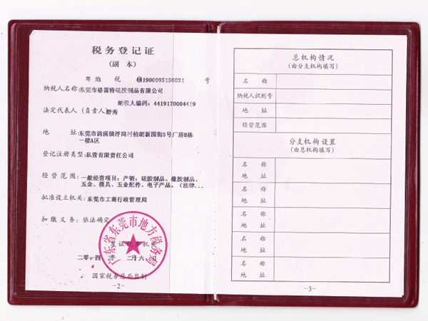 A copy of the tax registration certificate